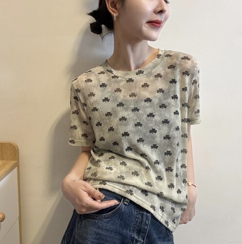 欧洲站2026夏季新款圆领韩系全身树叶印花短袖网纱T恤打底衫上衣