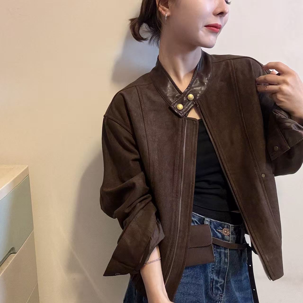 欧洲站2025秋时尚立领按扣短款中古风咖色麂皮绒外套港风休闲夹克