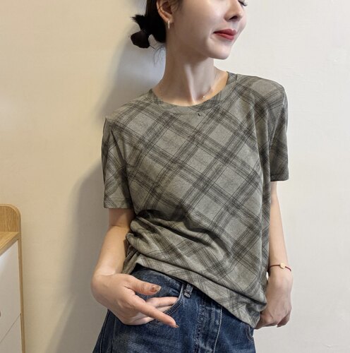 欧洲站2026夏季新款韩版圆领复古菱格纹印花正肩基础款短袖T恤女