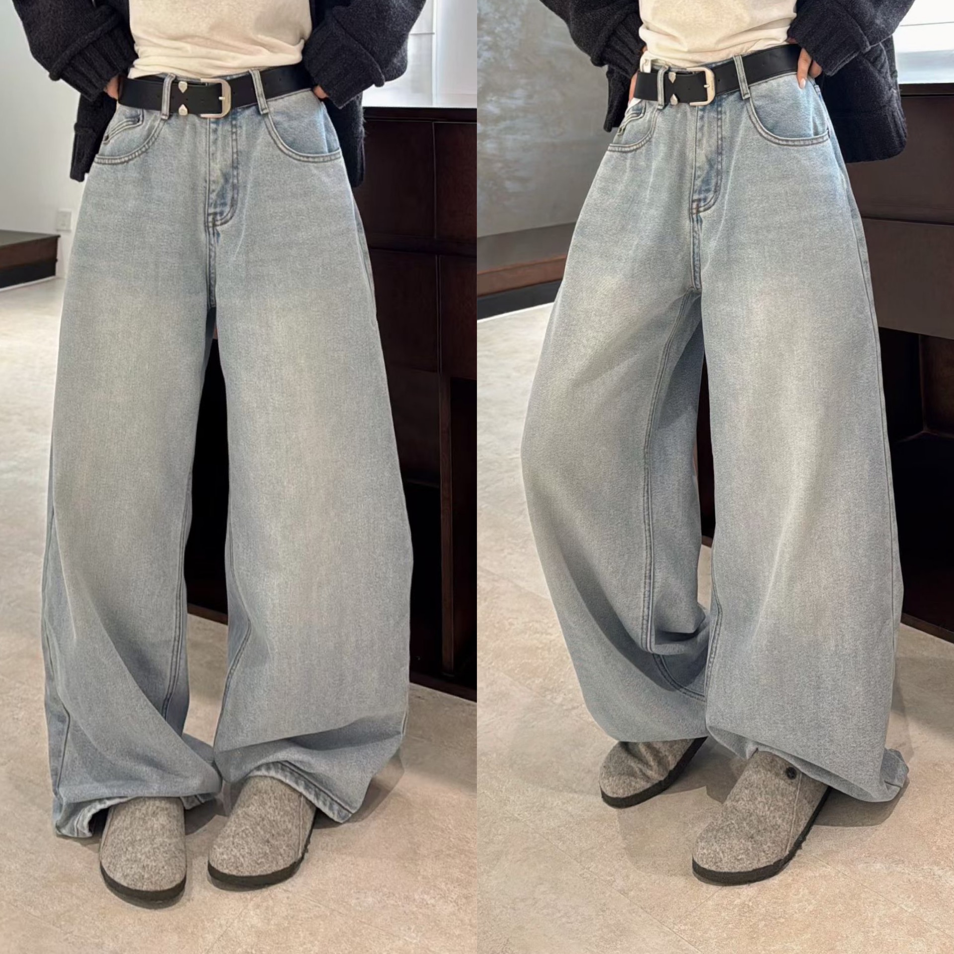 欧洲站2025冬季时尚高腰净版阔腿裤加厚水洗磨毛浅色牛仔裤长裤潮