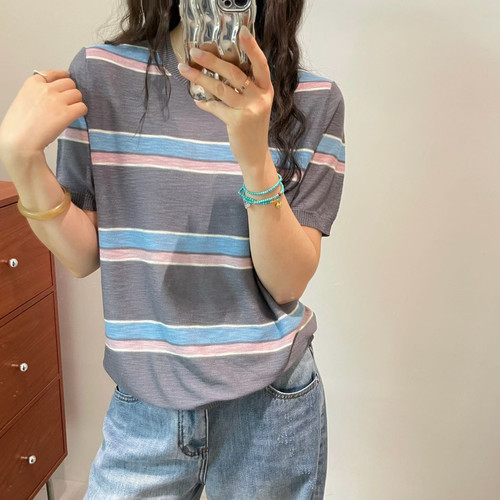 欧洲站2026春夏新款圆领薄款短袖套头休闲拼色条纹亚麻针织衫上衣