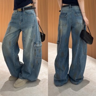 牛仔长裤 大口袋工装 欧货高腰街头风漆点涂鸦脏脏裤 欧洲站2026春季
