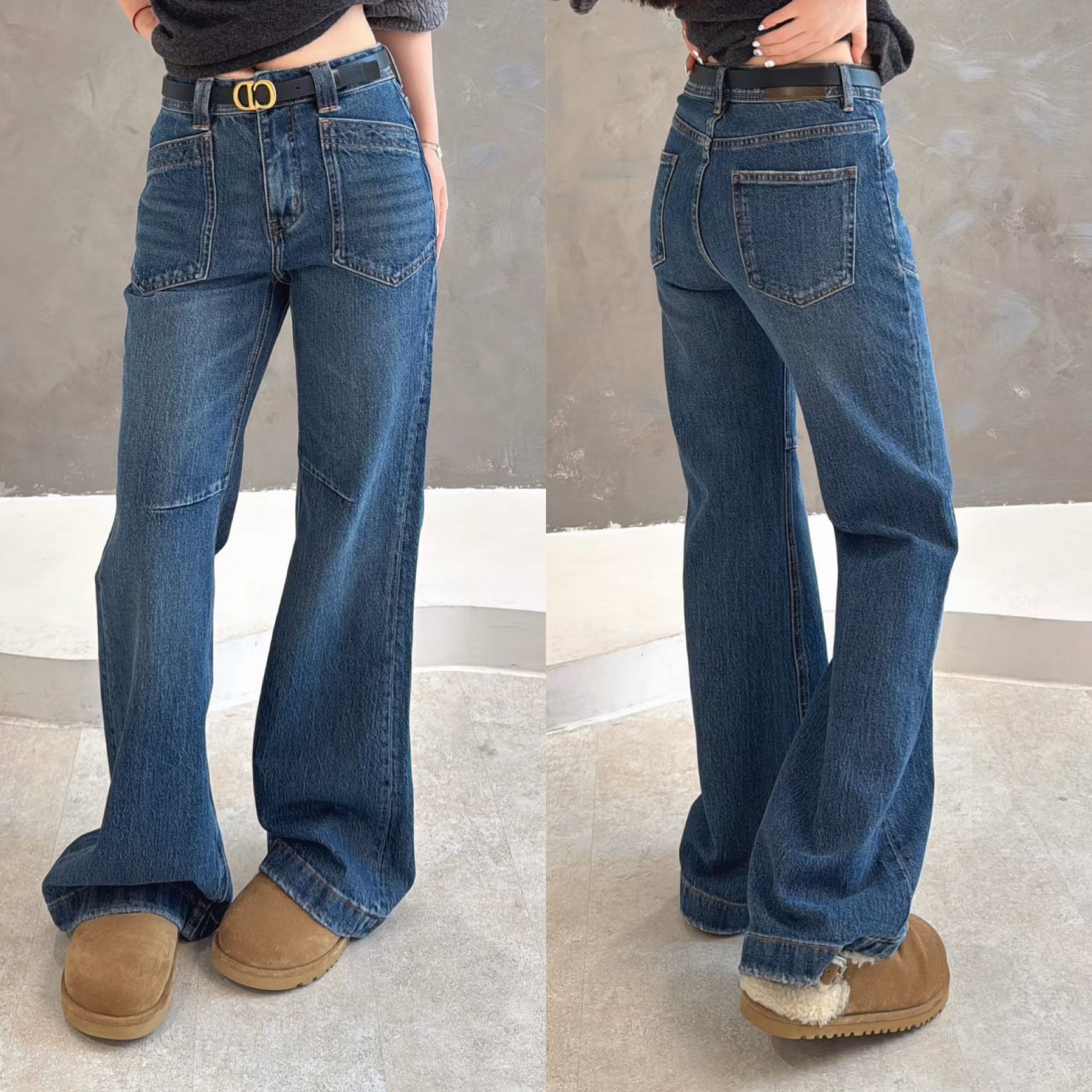 欧洲站2025秋季新款韩版高腰双口袋设计感显瘦压线牛仔微喇裤长裤