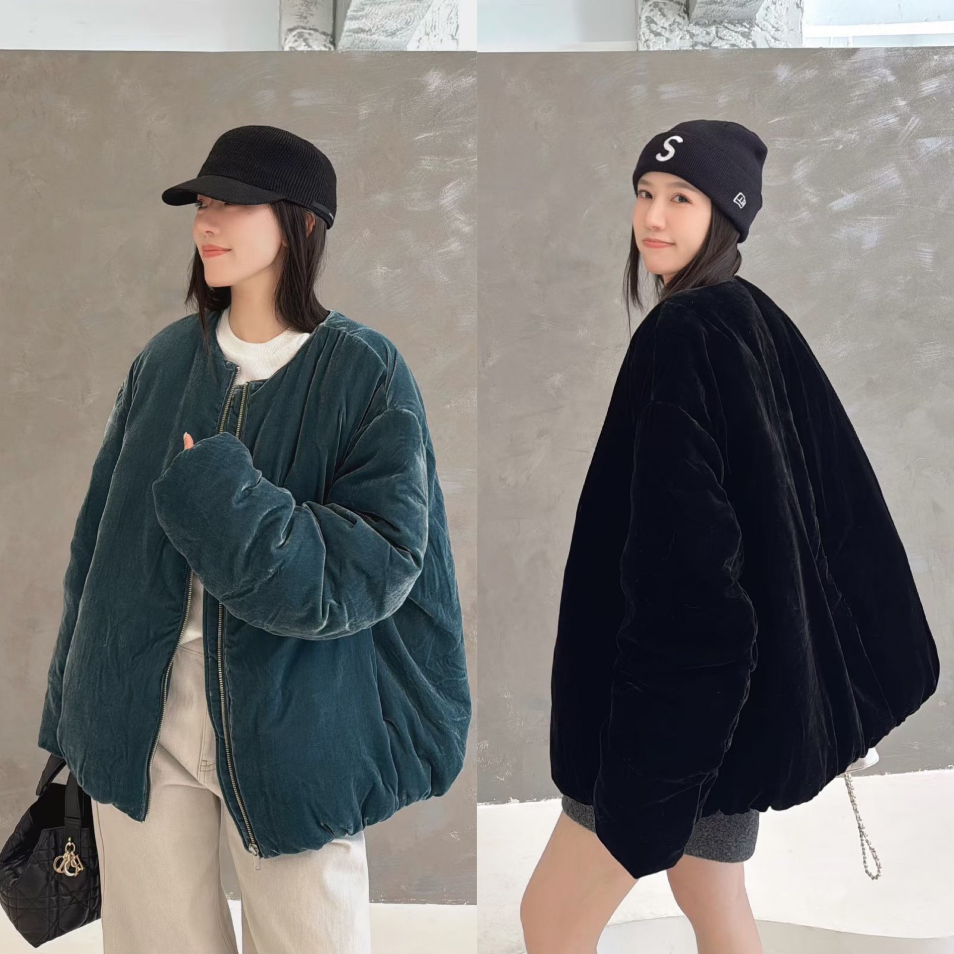 欧洲站2025冬季欧货圆领拉链A字版加厚韩系复古金丝绒羽绒服外套