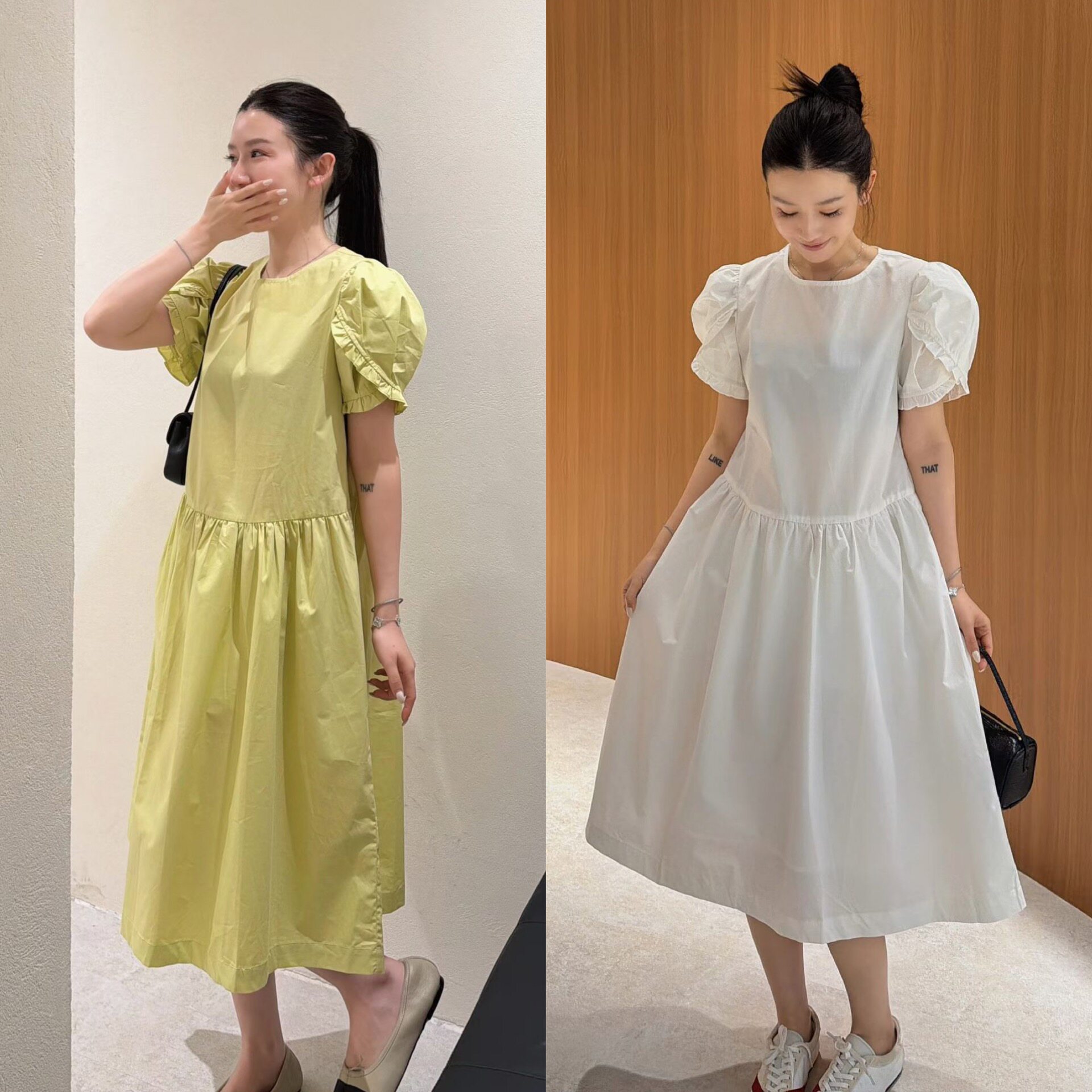 欧洲站2026夏季淑女风圆领木耳边泡泡袖中长显瘦A字版衬衫连衣裙