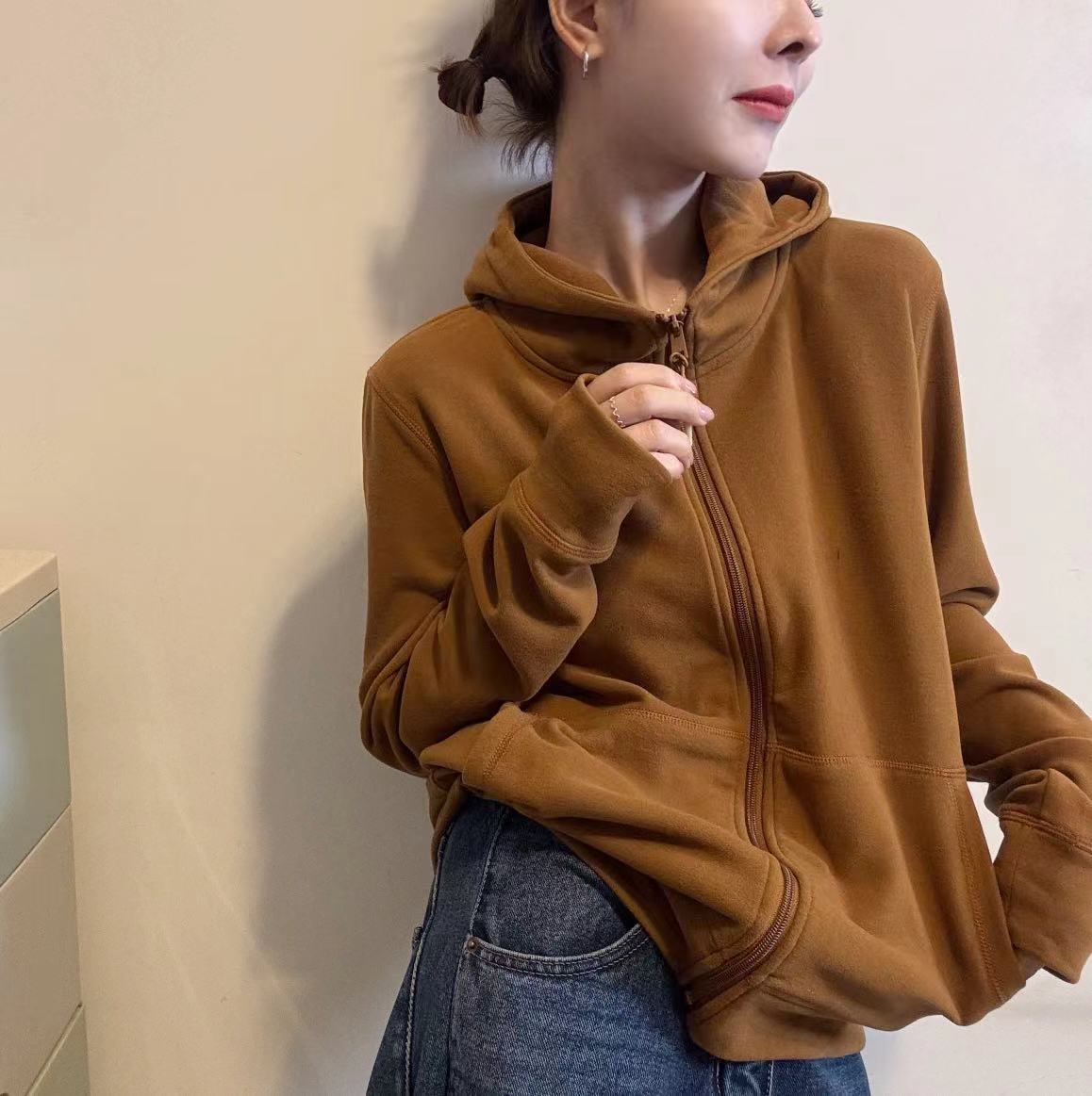 欧洲站2025秋冬新款简约纯色连帽拉链大口袋美式休闲卫衣开衫外套