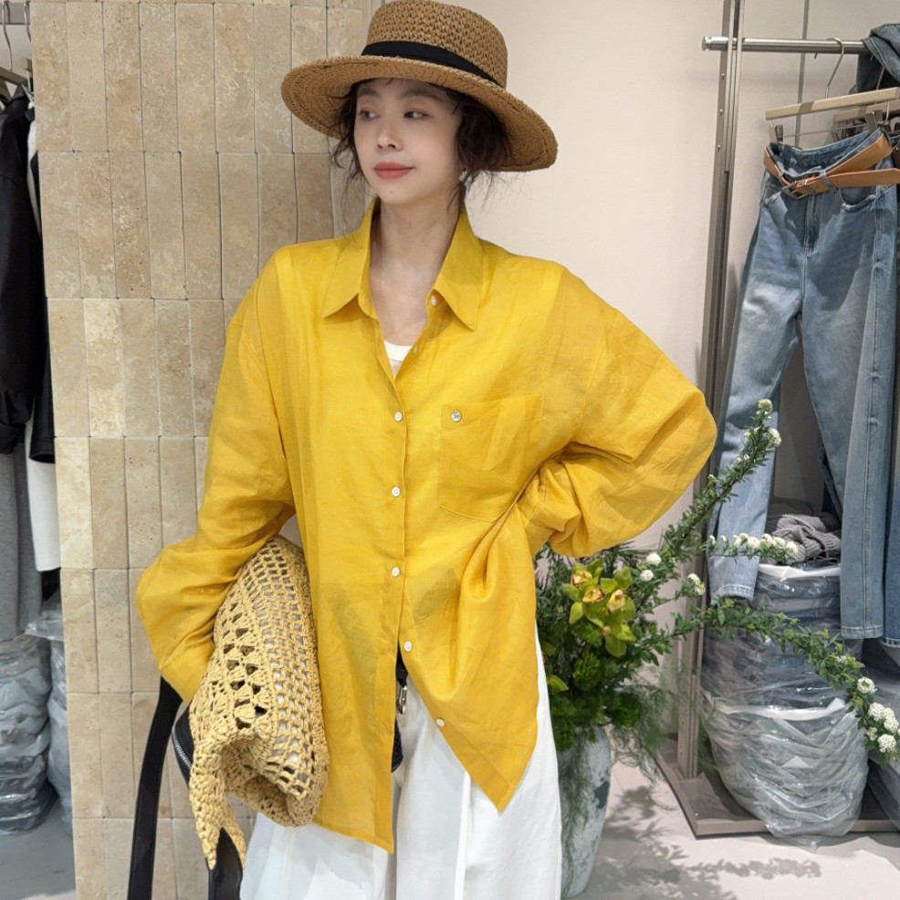 欧洲站2026春季新款纯色POLO领口袋贝壳扣衬衣长袖糖果色麻料衬衫