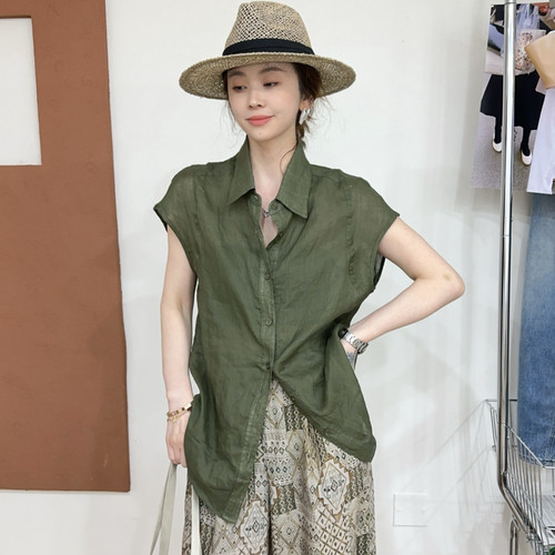 欧洲站2026夏季简约气质POLO领落肩盖袖薄款复古麻料衬衫上衣女潮