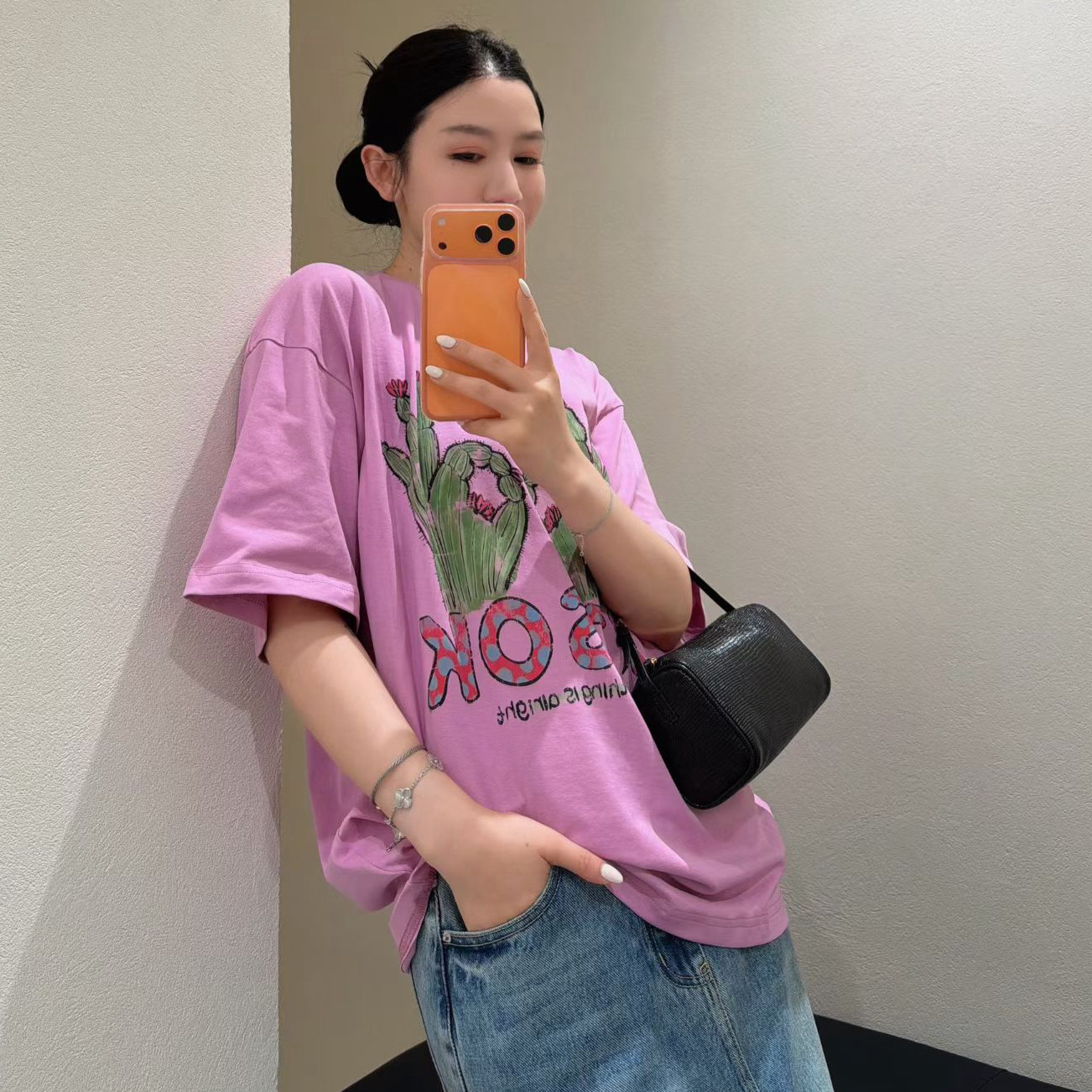 欧洲站2026夏季圆领韩系创意仙人掌图案印花短袖粉色大版T恤女潮