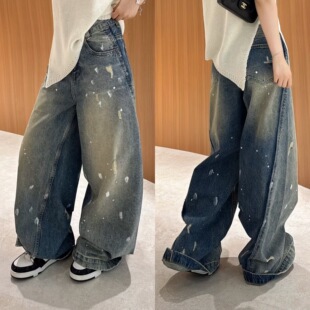 长裤 做旧漆点牛仔裤 潮 欧货高腰后压线水洗拼色美式 欧洲站2026春季