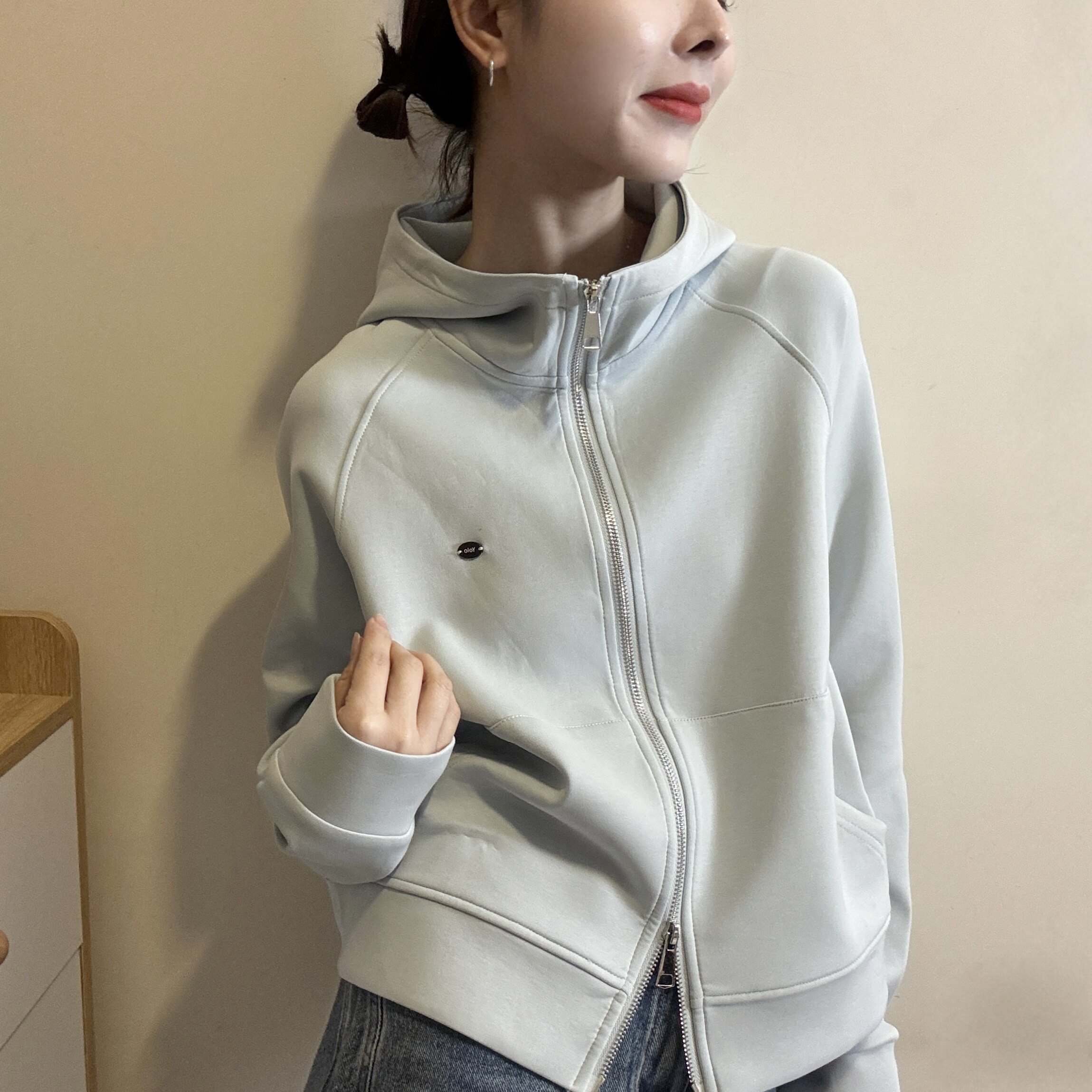 欧洲站2026春季休闲连帽插肩袖拼接宽松小定标双拉链卫衣开衫帽衫