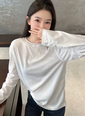 欧洲站2026春季韩版洋气圆领卷边设计百搭舒适棉质白T恤打底衫女