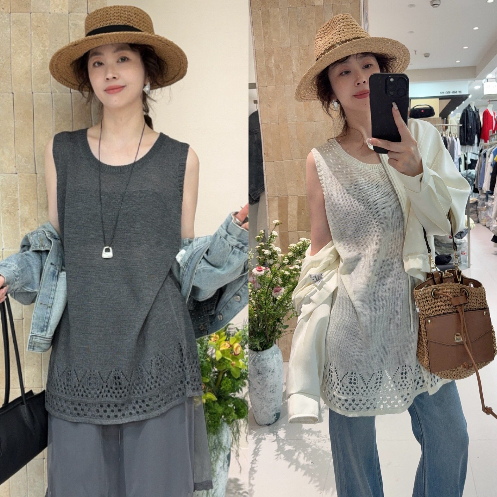 欧洲站2026春季圆领中长下摆镂空钩花冰麻针织衫背心无袖打底衫女