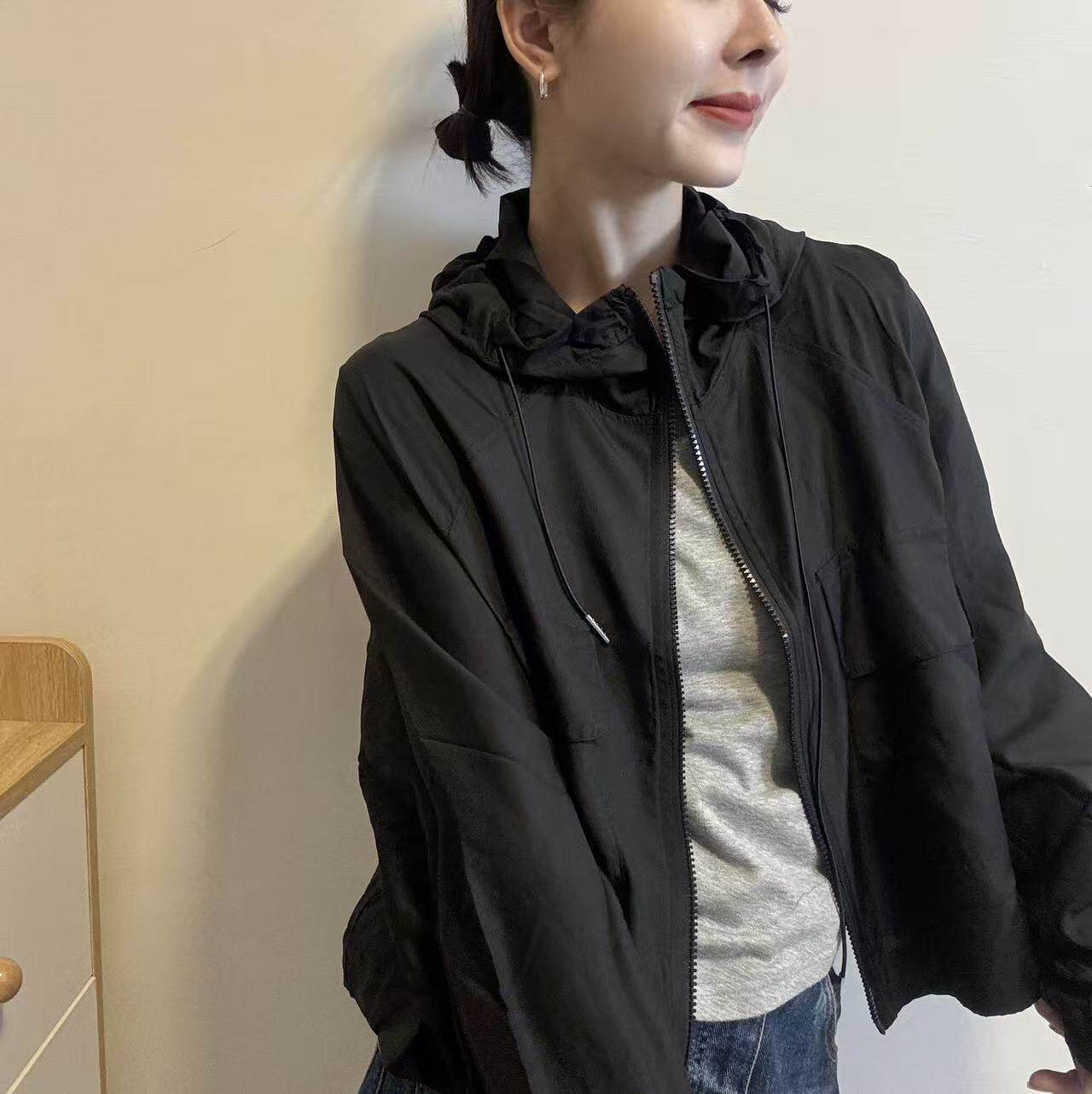 欧洲站2026夏季薄款连帽抽绳插肩袖拉链双口袋纯色休闲防晒短外套