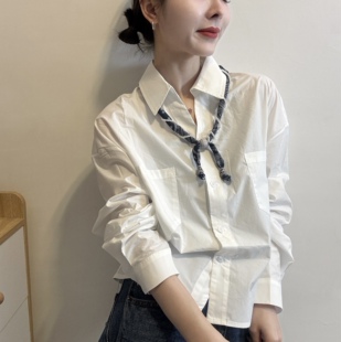 饰排扣气质长袖 欧洲站2026春季 韩版 POLO领串珠丝巾领结装 上衣 衬衫