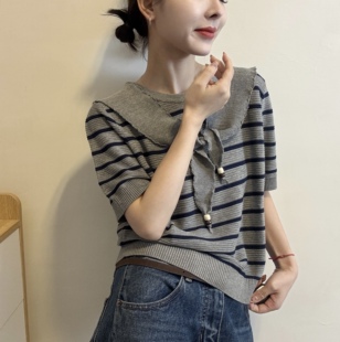 学院风拼色条纹针织衫 欧洲站2026春季 饰短袖 圆领披肩装 上衣潮 韩版