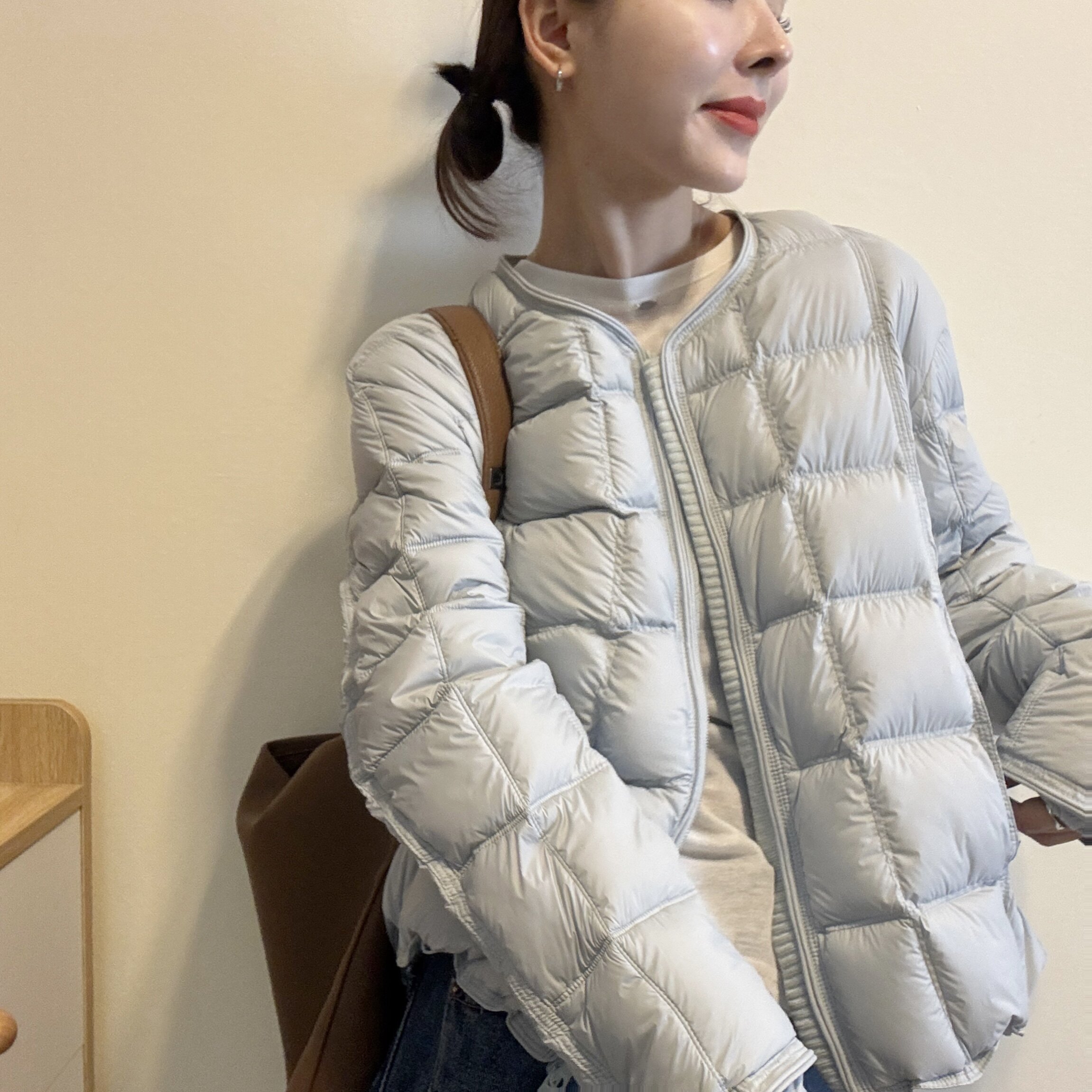 欧洲站2026冬季韩版圆领拉链针织拼边方格压线轻薄羽绒服外套女潮