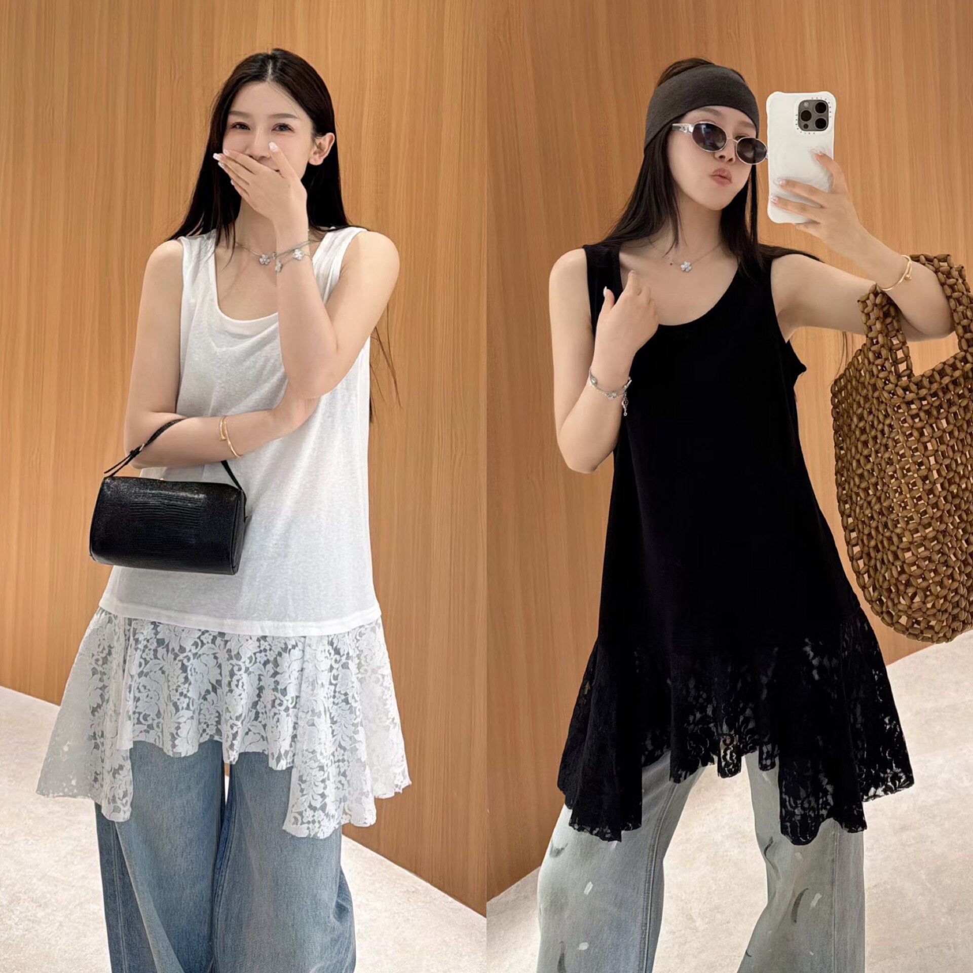 欧洲站2026春季韩系圆领无袖中长蕾丝拼接背心裙外穿打底T恤裙潮