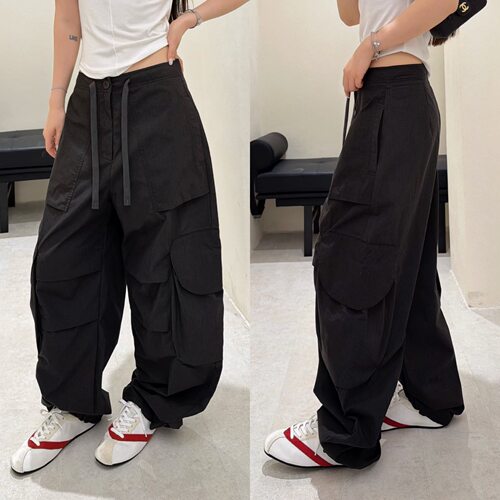 欧洲站2026春季系带高腰褶皱大口袋设计慵懒美式工装裤微垮休闲裤