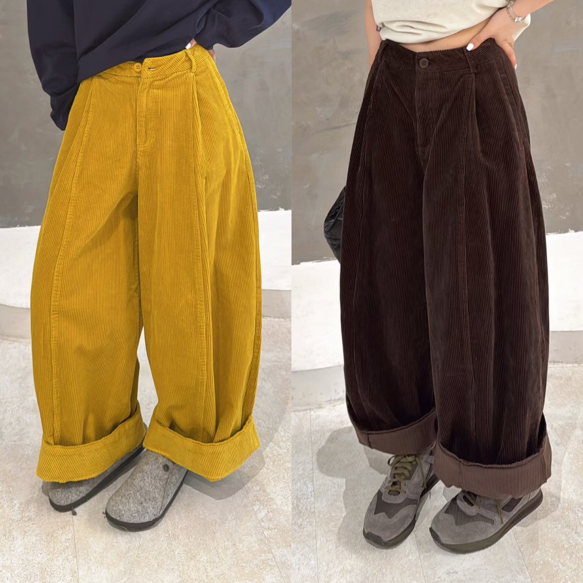 欧洲站2025秋季韩版高腰一粒扣褶皱压线拼接设计九分灯芯绒休闲裤