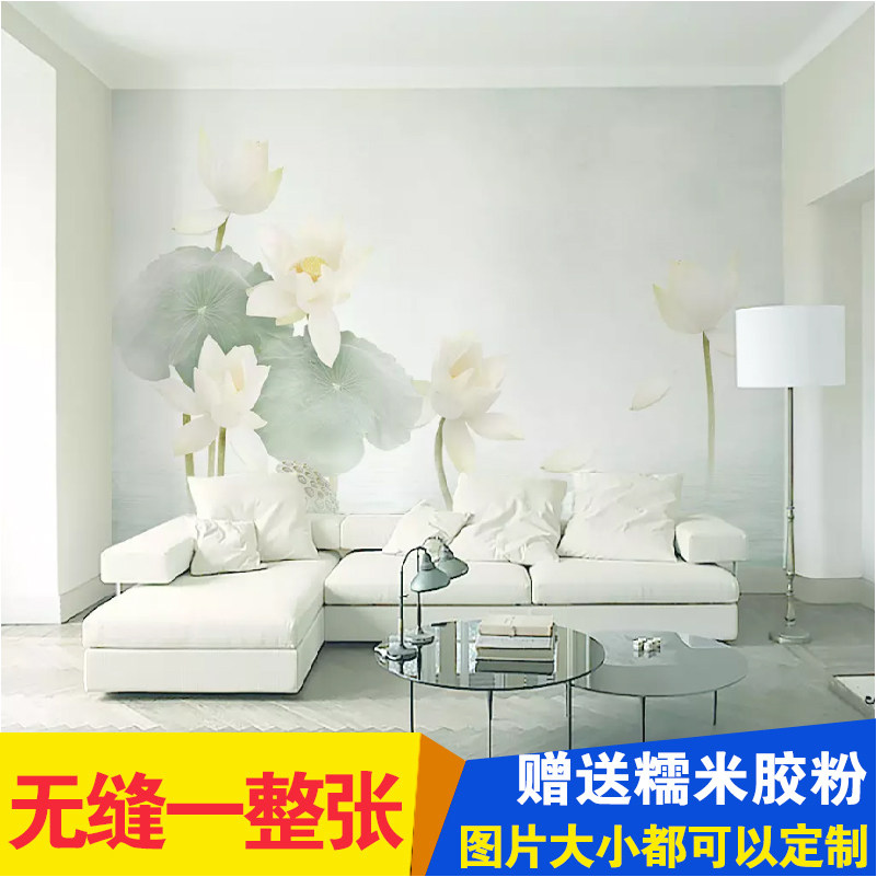 禅意荷花意境清新淡雅工笔画客厅背景墙壁画电视沙发背景墙纸荷韵,家装主材,定制壁画,淘宝优惠券,粉丝福利购,淘宝优惠卷