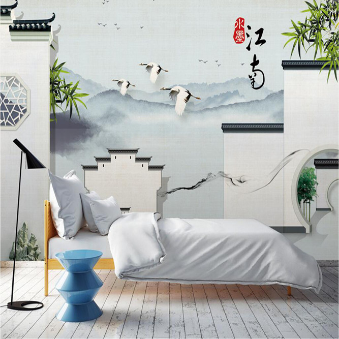 新中式江南水乡水墨竹子徽派马头墙背景墙餐厅壁画墙纸包间KTV,家装主材,定制壁画,淘宝优惠券,粉丝福利购,淘宝优惠卷