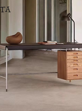 中古风意式书桌包豪斯学习桌写字台抽屉台式现代不锈钢工作电脑桌