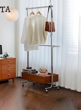 中古风实木衣帽架移动落地床头床尾收纳一体挂衣架北欧卧室晾衣架