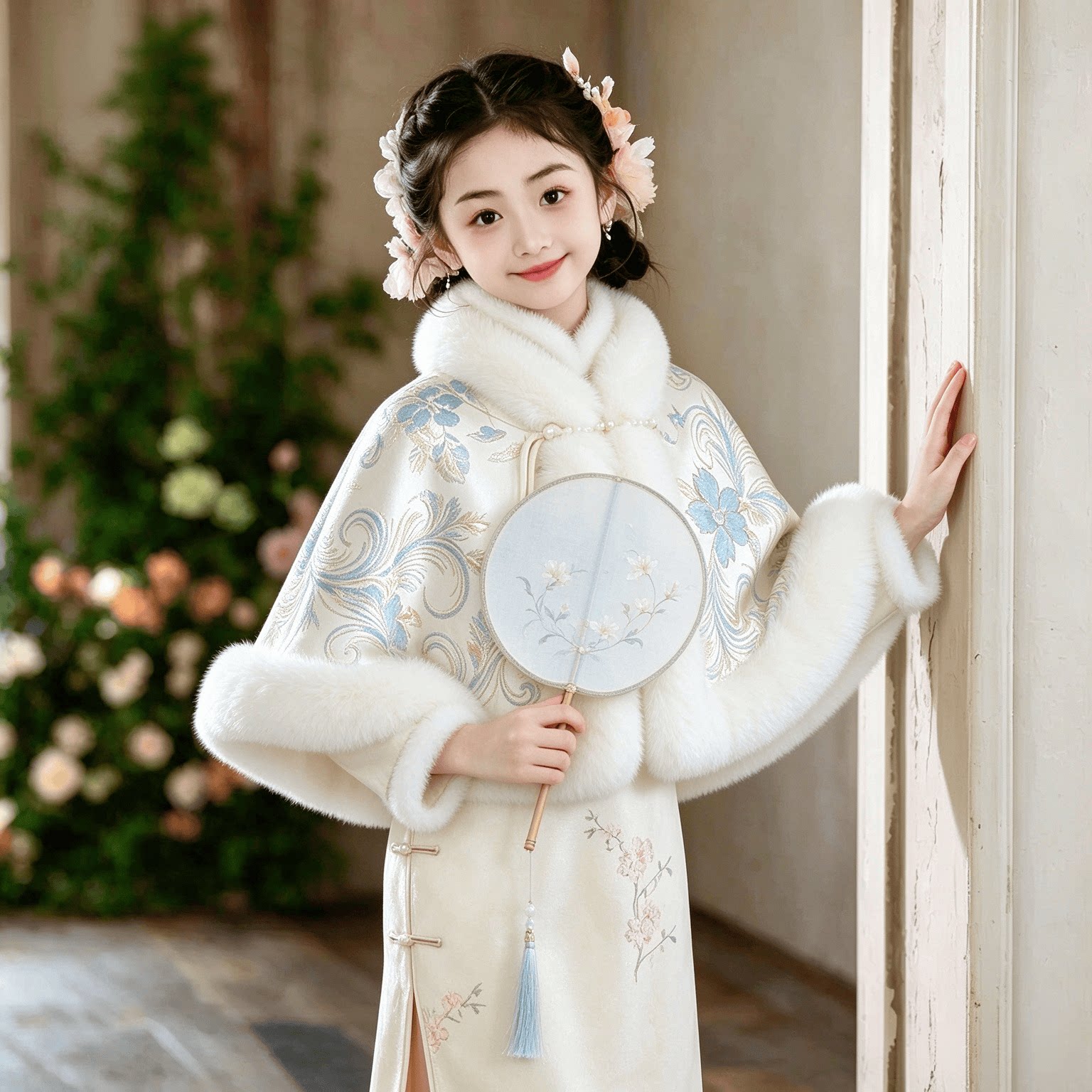 女童汉服刺绣毛绒加厚斗篷