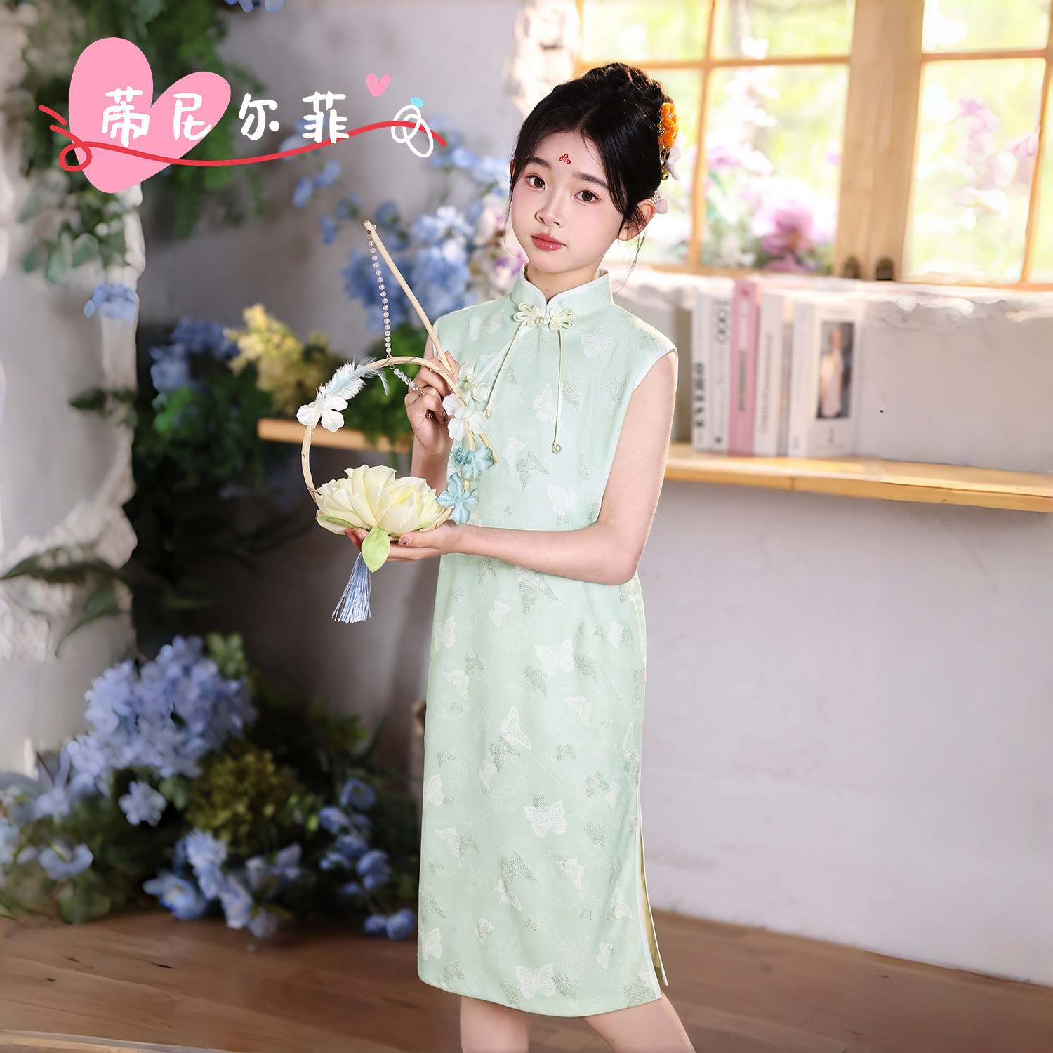 旗袍女童绿色新中式无袖夏季薄款