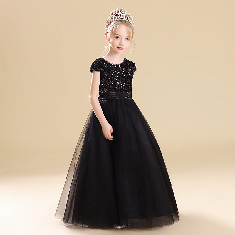 儿童礼服女中大童2023新款女童生日公主裙小女孩主持人演出服黑色