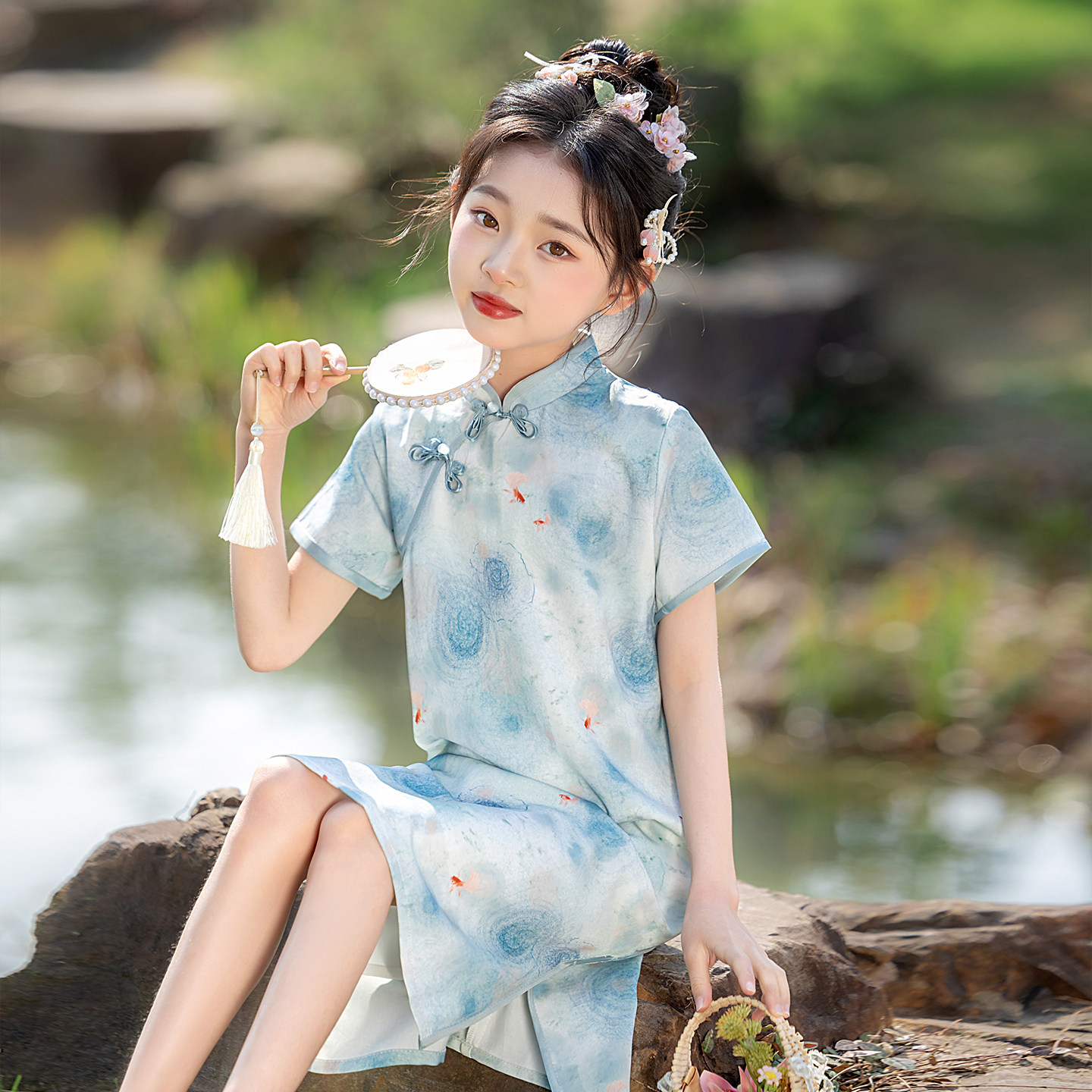 女童改良中式旗袍薄款2026新款夏季蓝色儿童国风连衣裙女孩演出服