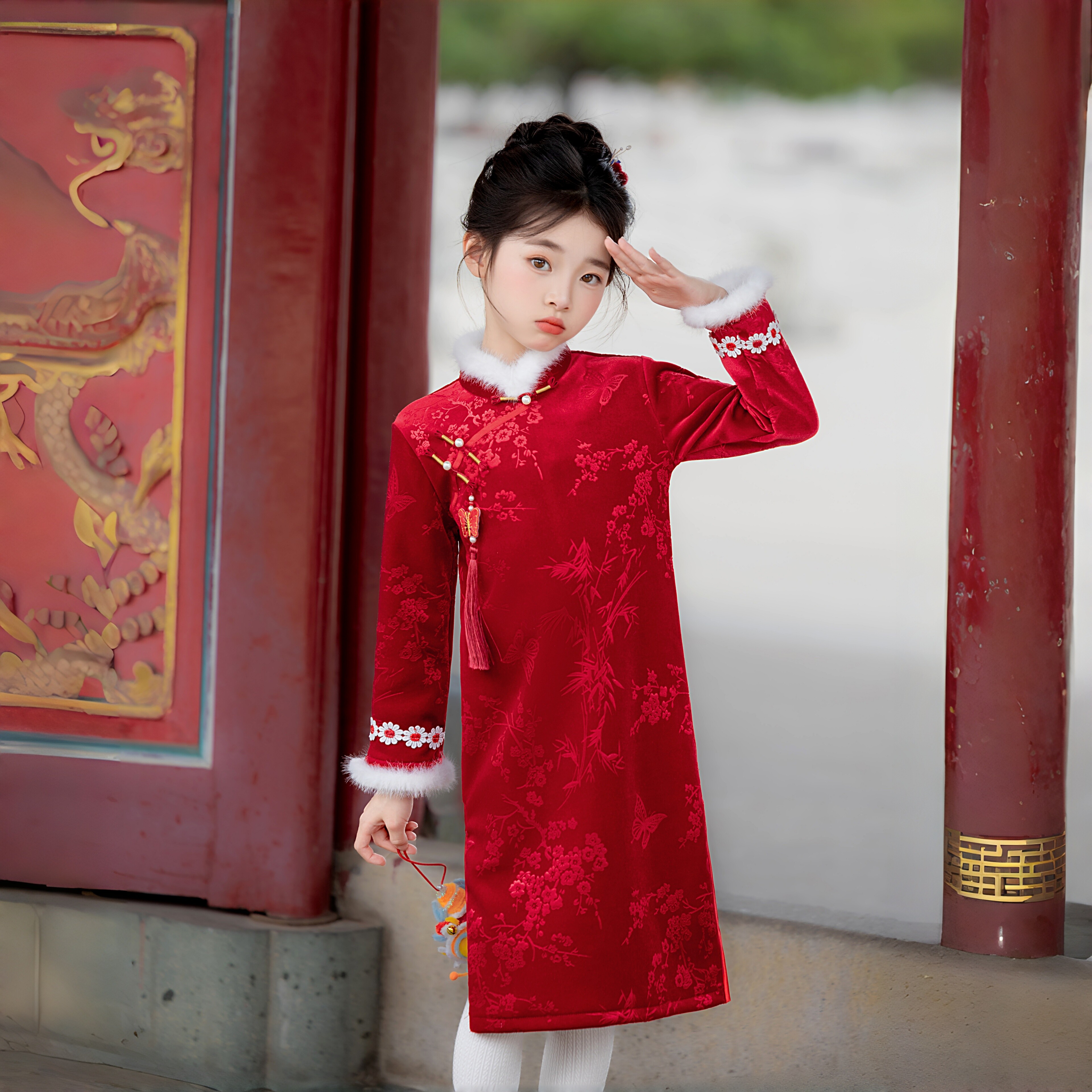 红色过年旗袍女童长袖加绒加厚