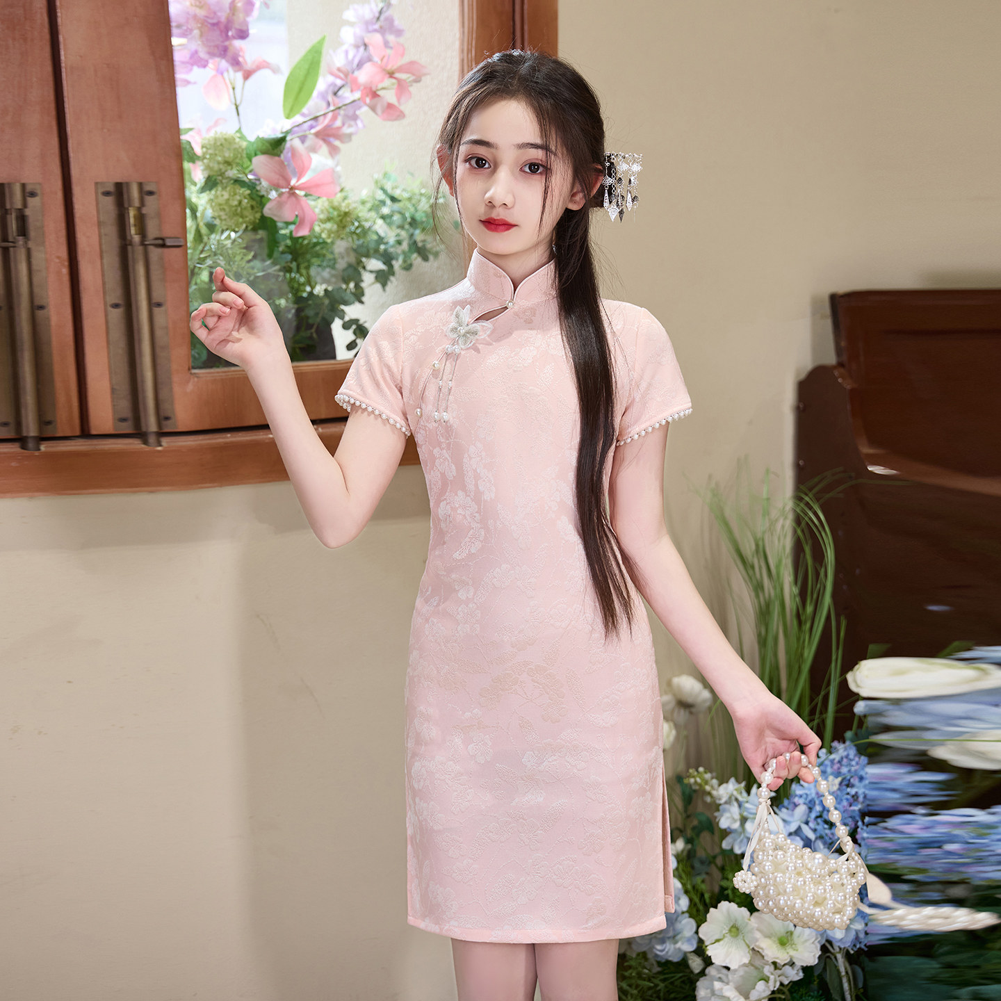 粉色女童改良旗袍夏季短袖