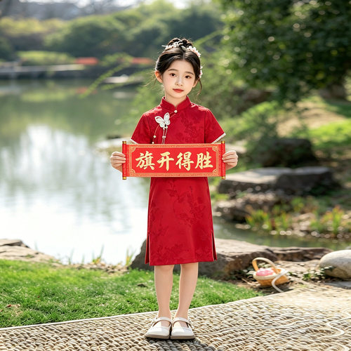 女童旗袍薄款红色2026新款夏季旗开得胜送考儿童国风新中式连衣裙