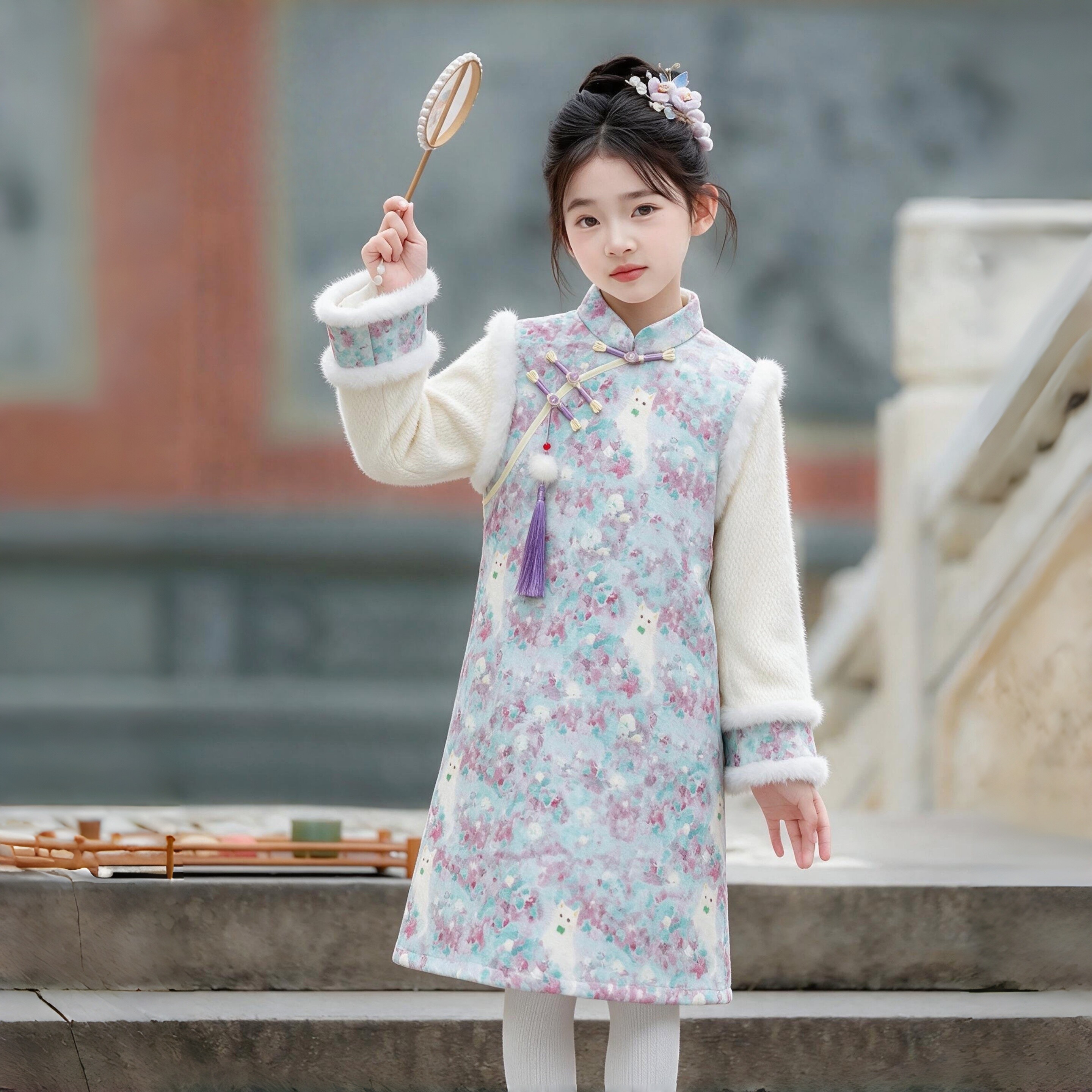 冬季加绒女童旗袍立领拜年服