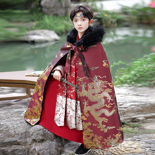 儿童披风斗篷秋冬外出加厚保暖男童红色长款中国风拜年服披肩外套