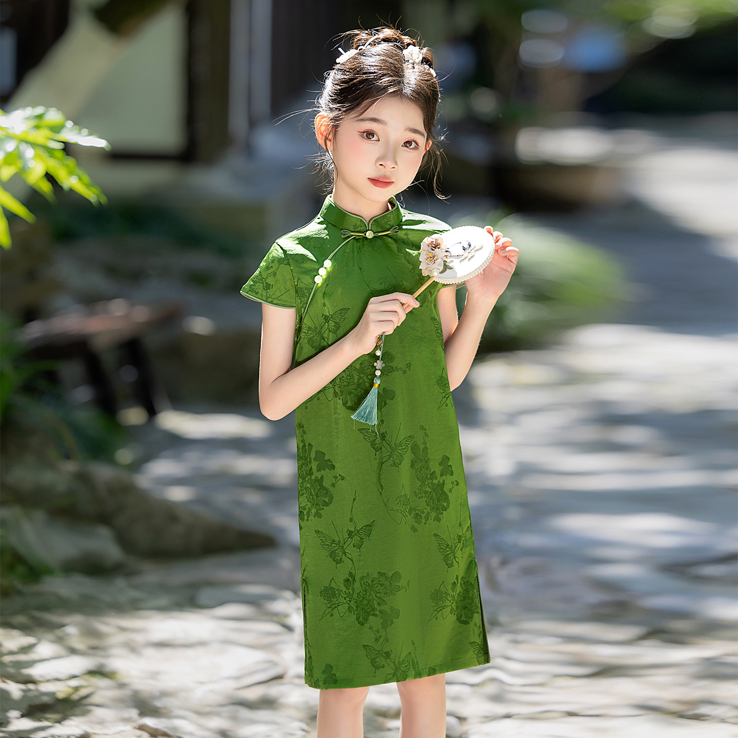 旗开得胜送考女童绿色旗袍2026新款夏季薄款儿童新中式改良连衣裙