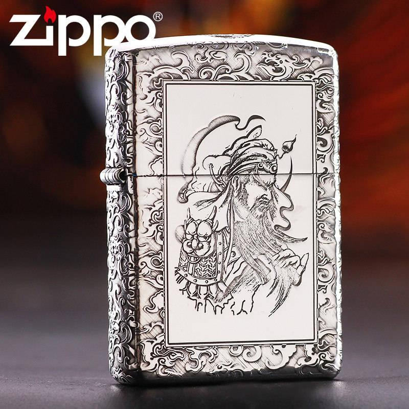 zippo原装正品煤油打火机纯银五面精雕义薄云天关公男士礼品刻字
