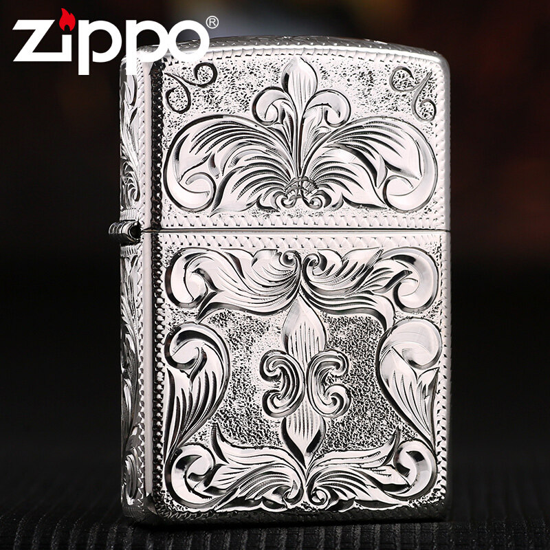 zippo打火机正品 纯银手工五面环绕精雕 富贵祥云 男士限量珍藏版