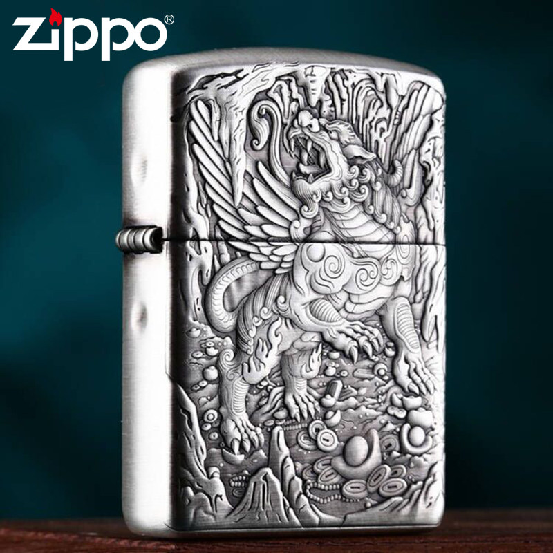 打火机Zippo正版纯银加厚盔甲精雕招财天禄貔貅 男士高档礼品收藏