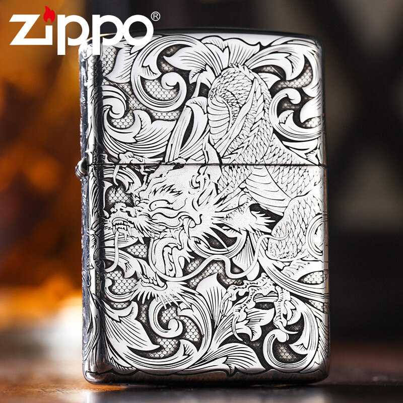 zippo打火机 原装正品煤油 盔甲四面精雕神龙 纯银唐草龙 收藏