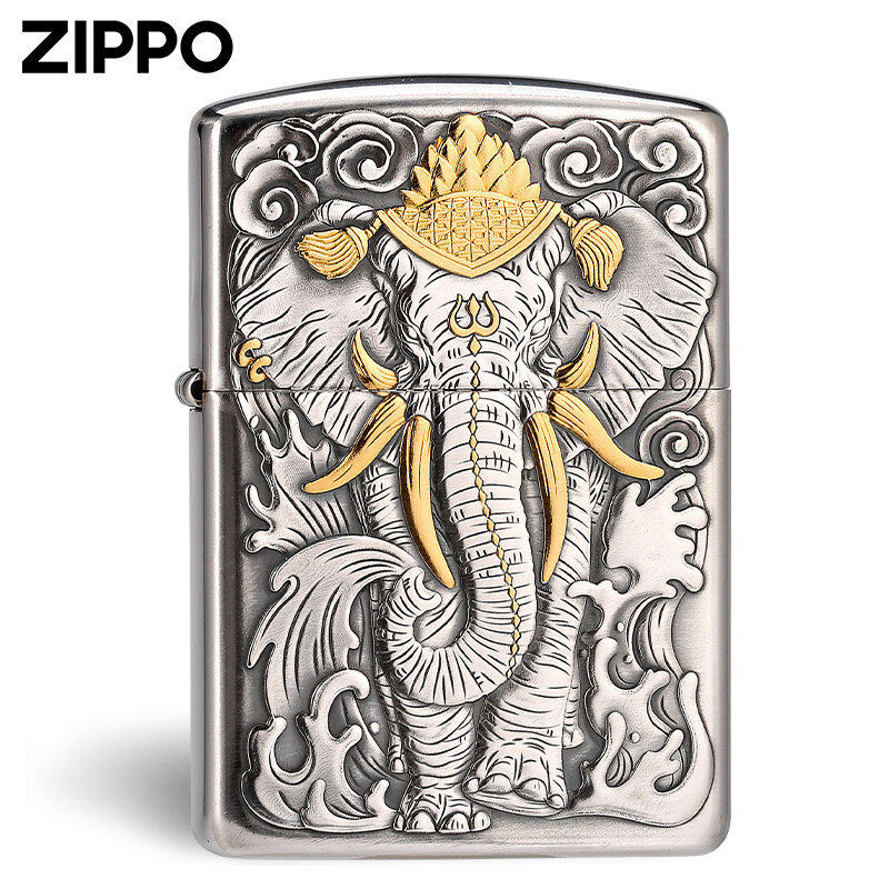 打火机zippo正版 六牙白象王盔甲浮雕纯银机贴金收藏高档男士送礼