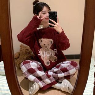 日系甜美可爱小熊睡衣少女红色圣诞珊瑚绒保暖格子家居服套装软糯
