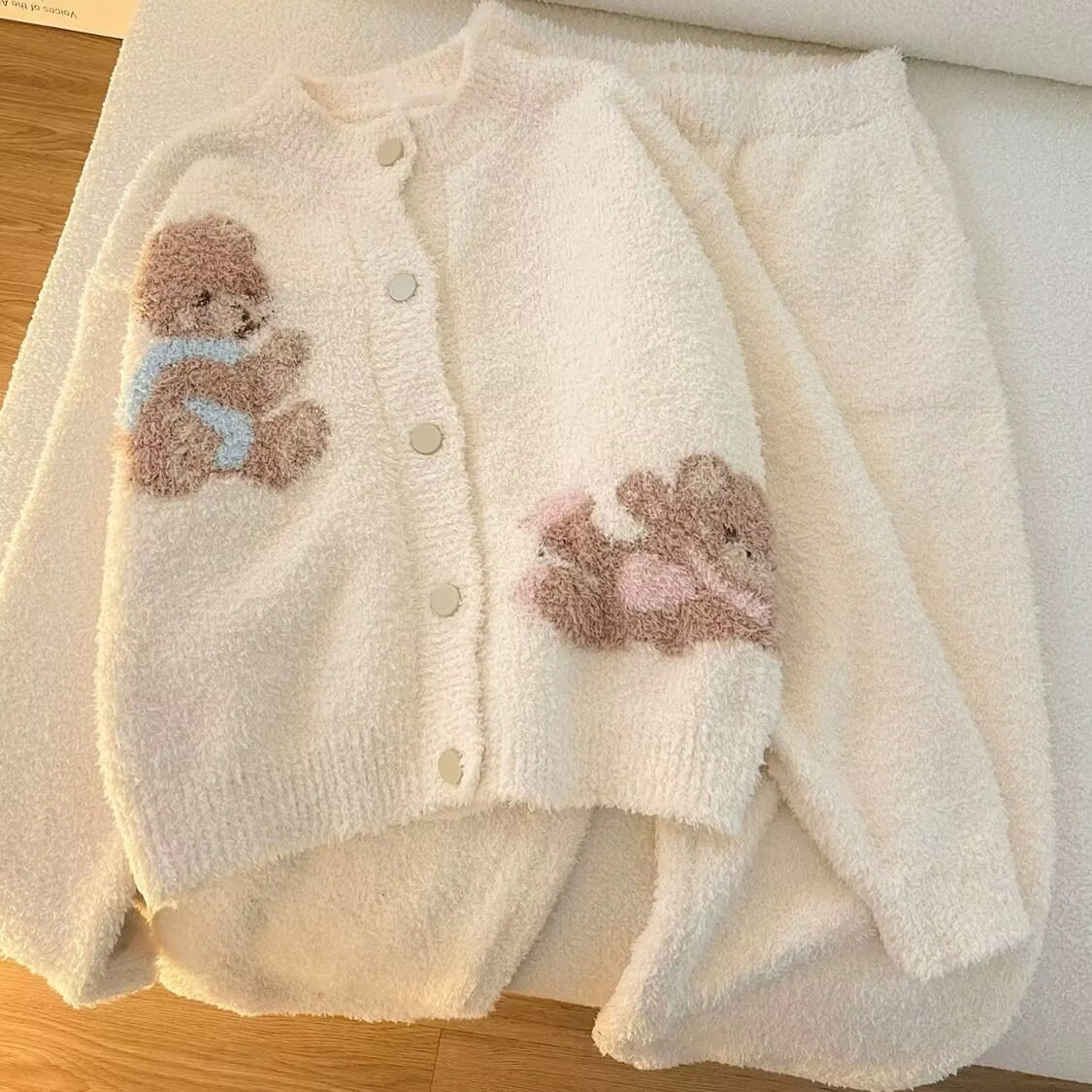 可爱小熊珊瑚绒睡衣女冬季ins甜美网红保暖长袖半边绒家居服套装