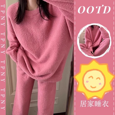 ins网红冬季甜美珊瑚绒睡衣女日系宽松加厚保暖法兰绒家居服套装