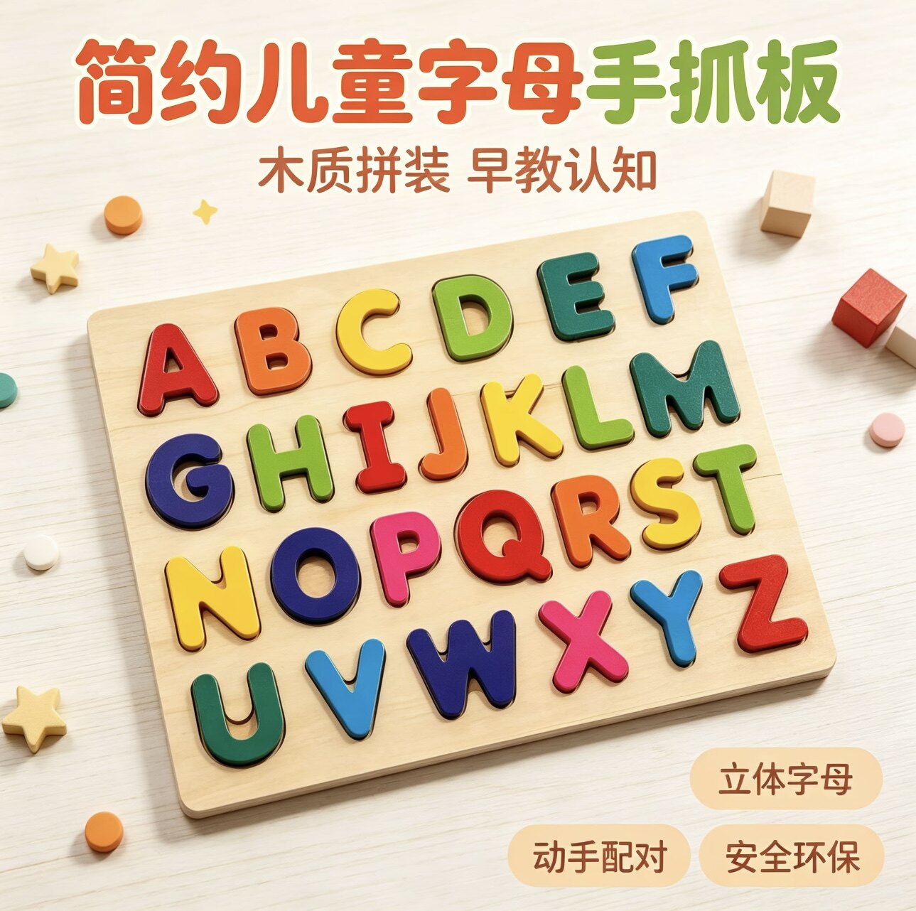 儿童拼图数字字母积木宝宝早教益智玩具认知手抓板木质玩具