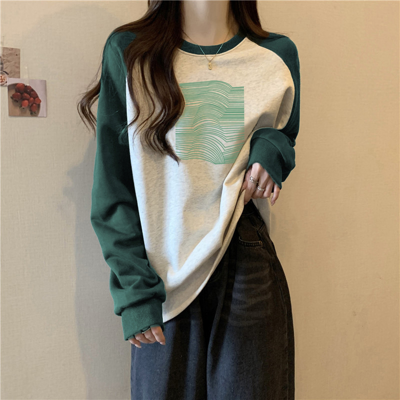韩版宽松圆领插肩袖卫衣女秋季百搭宽松显瘦薄款拼接长袖上衣服潮