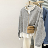 ins超火假两件拼接长袖 上衣潮 休闲百搭薄款 卫衣女春秋季 宽松韩版