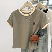 短款 夏季 华夫格上衣服 T恤女小个子修身 韩版 2025新款 撞色正肩短袖
